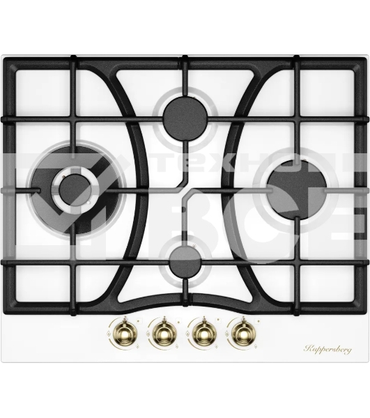Варочная поверхность Kuppersberg FS 610 W Bronze, газ, Classic, 61 см, автоматический электроподжиг, газ-контроль, SABAF конфорки, чугунные решетки, цвет белый, цвет фурнитуры бронзовый