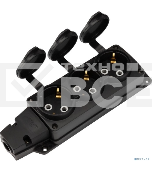 Розетка (колодка) Rexant влагозащищенная с крышкой 3 гнезда COMPACT, с/з, 16А, IP54, каучук, черный