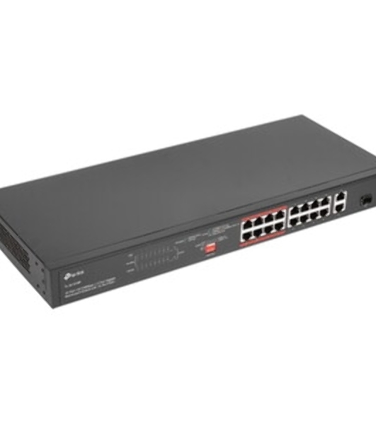 Коммутатор TP-Link 16-port 10/100Mbps + 2-port Gigabit unmanaged switch with 16 PoE+ ports, compliant with 802.3af/at PoE, 150W PoE budget,  support 250m Extend Mode, priority mode and Isolation mode, rackmount, plug and play.