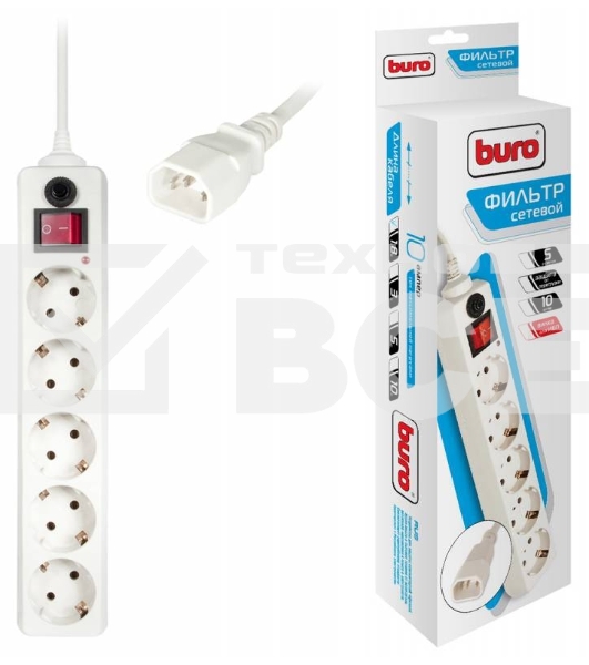 Сетевой фильтр Buro 500SH-1.8-UPS-W 1.8м, 5 розеток, белый, коробка