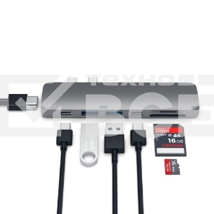 USB-хаб Satechi Aluminum Pro Hub для Macbook Pro (USB-C). Порты: HDMI, Thunderbolt 3, USB Type-C, SD, microSD, 2 x USB 3.0. серый космос.