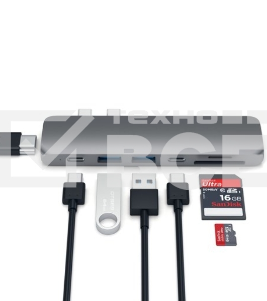 USB-концентратор Satechi Aluminum Pro Hub для Macbook Pro (USB-C). Порты: HDMI, Thunderbolt 3, USB Type-C, SD, microSD, 2 x USB 3.0. серый космос.