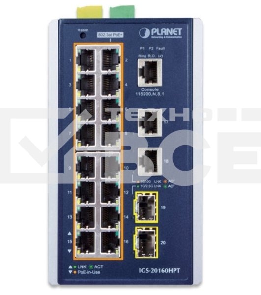 Индустриальный PoE коммутатор IGS-20160HPT для монтажа в DIN-рейку IP30 Industrial L2+/L4 16-Port 1000T 802.3at PoE+ 2-Port 1000T + 2-port 100/1000X SFP Full Managed Switch (-40 to 75 C, dual redundant power input on 48~56VDC terminal block, DIDO, ERPS Ri