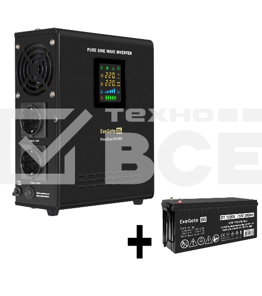 Комплект ИБП EX295996RUS + батарея 200Aч EX282991RUS 1шт (инвертор, синус, для котла, настенный) ExeGate FineSine SX-800.LCD.AVR.2SH <800VA/500W, чистая синусоида, цветной LCD-дисплей, AVR, 2*Schuko, линейно-интерактивный, крепление настенное/универсально