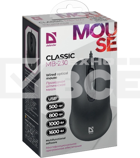 Мышь проводная Defender Classic MB-230 черный, 1600 dpi, USB, кнопки - 4