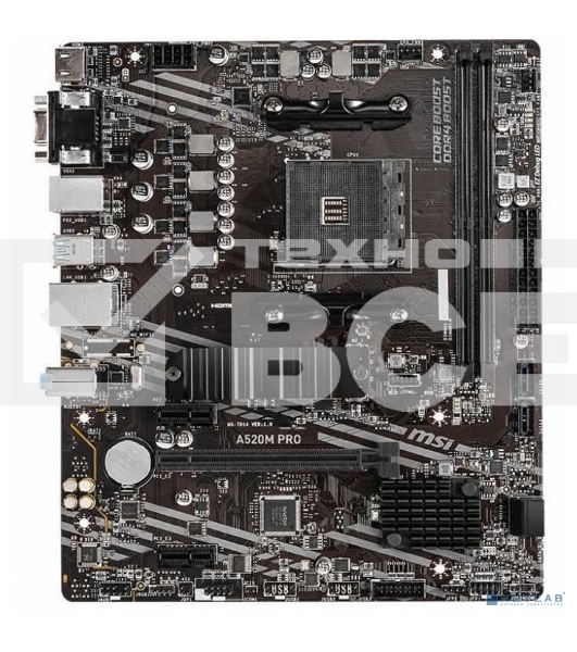 Материнская плата MSI A520M PRO, AM4, AMD A520, 2xDDR4, 4xSATA, 1xM.2, 1xPCIe 3.0 x16, 1xDVI-D, 1xHDMI, 1x 1Gb LAN, 2xUSB 2.0, 4xUSB 3.2 Gen 1, 3x3.5 мм, 7.1, mATX