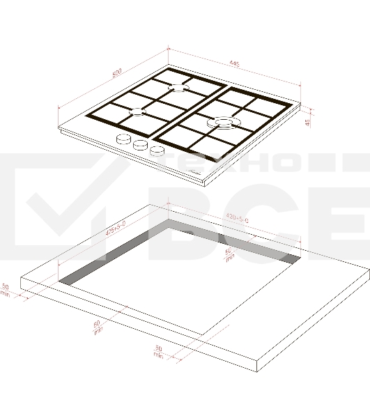 Газовая варочная панель Monsher High-Tech, 44 см, автоматический электроподжиг, газ-контроль, форсунки под сжиженый газ, SABAF конфорки, чугунные решетки, нержавеющая сталь