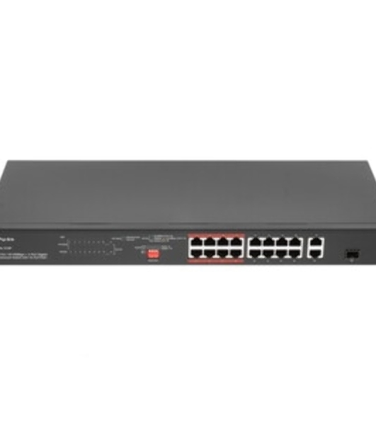 Коммутатор TP-Link 16-port 10/100Mbps + 2-port Gigabit unmanaged switch with 16 PoE+ ports, compliant with 802.3af/at PoE, 150W PoE budget,  support 250m Extend Mode, priority mode and Isolation mode, rackmount, plug and play.