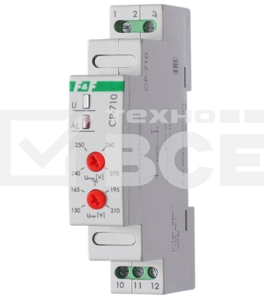 Реле напряжения CP-710 (однофазный; контроль верхнего и нижнего значений напряжения; монтаж на DIN-рейке 35мм; 230В 10А 1P IP20) F&F EA04.009.001
