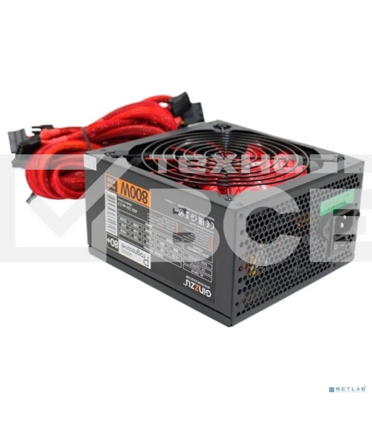 Блок питания Ginzzu PC800 Red, 800Вт, 80 PLUS, 140мм, черный / красный