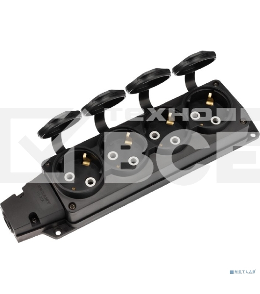 Розетка (колодка) Rexant влагозащищенная с крышкой 4 гнезда COMPACT, с/з, 16А, IP54, каучук, черный