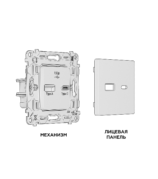 Комплект механизма розетки ALFA Серебро глянец 2USB A+C 20W (быстрая зарядка) QUANT (AP4110, VM177) MA411010
