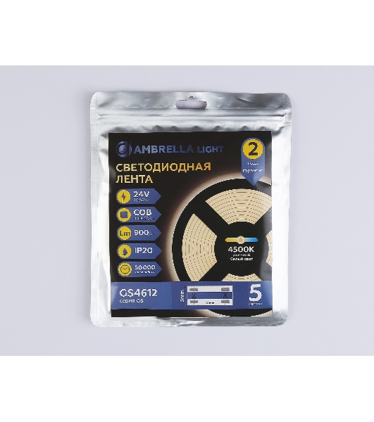 Светодиодная лента Ambrella light GS4612 COB 400Led/10W m/ 24V IP20 4500K/ 5m*5mm*2.1mm (2 конт.)