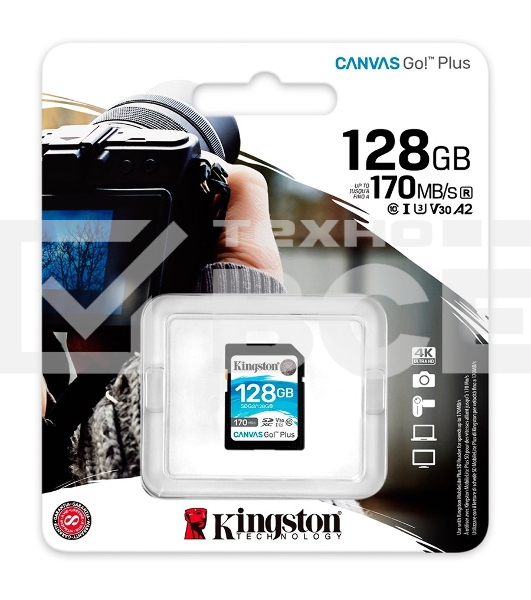 Карта памяти Kingston 128GB SDXC Canvas Go Plus 170R C10 UHS-I U3 V30 EAN: 740617301458