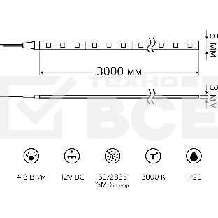 Лента Basic 12V 4,8W/m 312lm/m 3000K IP20 LED 3m 1/100