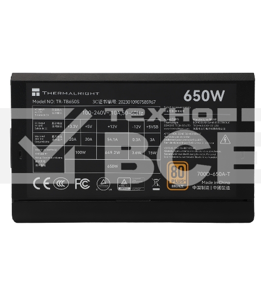Блок питания Thermalright TR-TB650S 650W 80 PLUS Bronze, (ATX, 3, Non-modular, 1x24(20+4)pin 550mm, 1xCPU*2 8(4+4)pin 600+150mm, 1xPCIe*2 8(6+2)pin 500+150mm, 1xSATA*3+MOLEX4pin*1 400+150+150+150mm, 1xSATA*2+MOLEX4pin*2 400+150+150+150mm, Active, 120x120m