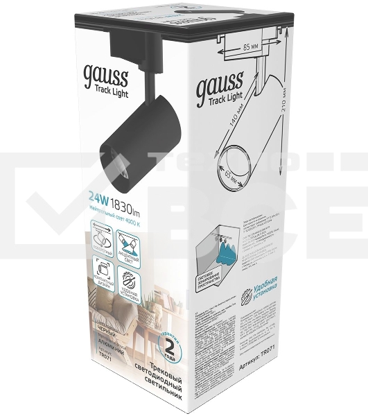 Светильник GAUSS трековый цилиндр 24W 1830lm 4000K 180-240V IP20 65*210мм черный LED 1/40 TR071