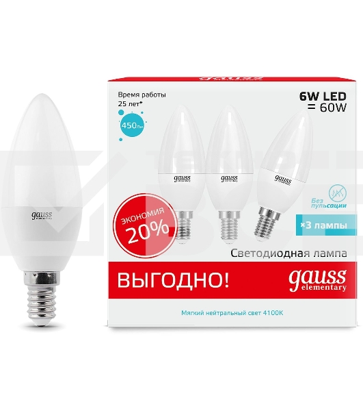 Лампа светодиодная Gauss Elementary 33126T 6Вт цок.:E14 свеча 180B 4100K св.свеч.бел.нейт. (упак.:3шт)