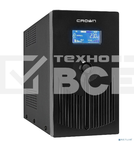 Источник бесперебойного питания CROWN 800VA/450W, металл, 1x12V/9AH, розетки 3*EURO+1*IEC bybass, трансформатор AVR 145-280V, LCD дисплей, съёмный кабель 1.2м, фильтр телефонной и ethernet линии RJ11/45, защита батареи, от перегрузки, от КЗ