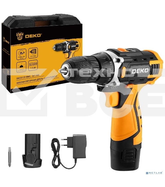 Дрель-шуруповерт аккумуляторная Deko DKCD12V, 12В, 2АКБ, Кейс