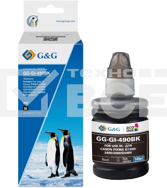 Чернила G&G GG-GI-490BK GI-490 черный пигментный 140мл для Canon Pixma G1400/G2400/G3400/G4400