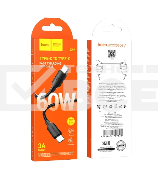 Кабель USB2.0 Hoco Type-C/Type-C, 3A, 60Вт, X96, 1м, черный, коробка