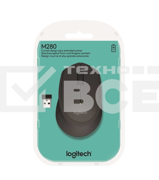 Мышь беспроводная Logitech M280 черный, 1000 dpi, радиоканал, USB, кнопки - 3
