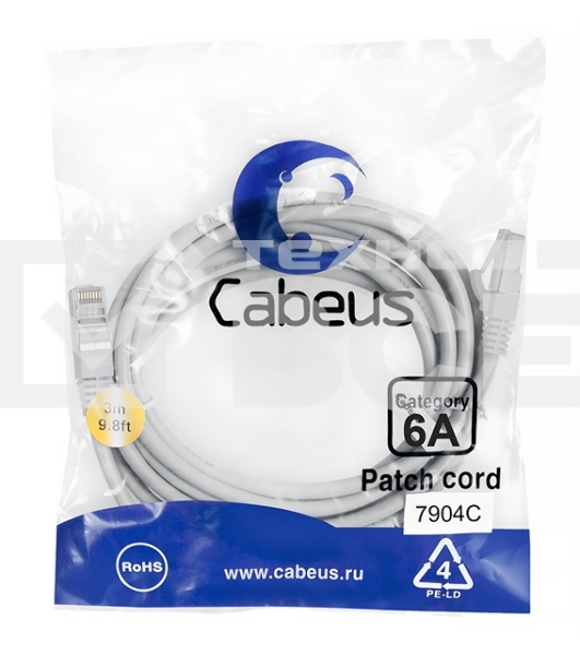 Шнур коммутационный Cabeus, кат. 6A, экр., S/FTP, RJ45/RJ45, LSZH, AWG26, 3м, серый