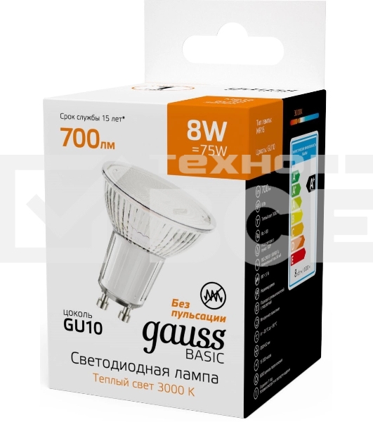 Лампа светодиодная Gauss Basic 8Вт цок.:GU10 софит св.свеч.теп.св./дневн. (10106182)