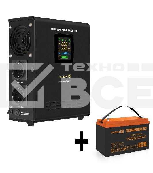 Комплект ИБП EX295995RUS + батарея 100Aч EX285656RUS 1шт (инвертор, синус, для котла, настенный) ExeGate FineSine SX-500.LCD.AVR.2SH <500VA/300W, чистая синусоида, цветной LCD-дисплей, AVR, 2*Schuko, линейно-интерактивный, крепление настенное/универсально