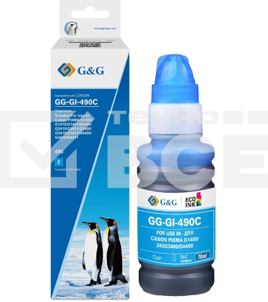 Чернила G&G GG-GI-490C GI-490 голубой 70мл для Canon Pixma G1400/G2400/G3400/G4400