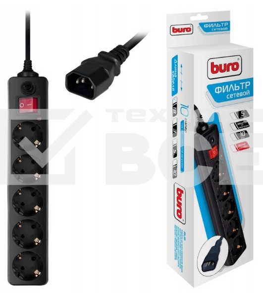 Сетевой фильтр Buro 500SH-1.8-UPS-B 1.8м (5 розеток) черный (коробка)