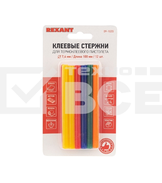 Клеевые стержни Rexant, Ø7 мм, 100 мм, цветные, 12 шт., блистер
