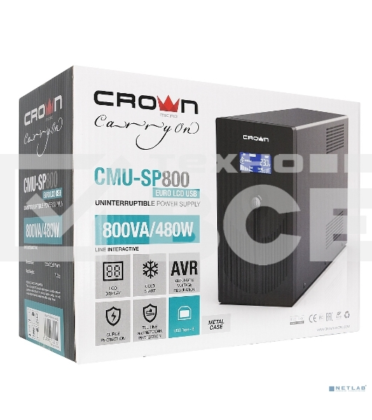 Источник бесперебойного питания CROWN 800VA/450W, металл, 1x12V/9AH, розетки 3*EURO+1*IEC bybass, трансформатор AVR 145-280V, LCD дисплей, съёмный кабель 1.2м, фильтр телефонной и ethernet линии RJ11/45, защита батареи, от перегрузки, от КЗ