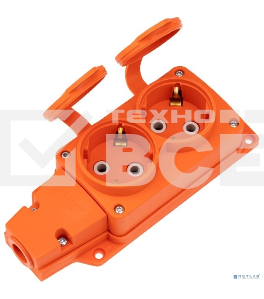 Розетка (колодка) Rexant влагозащищенная с крышкой 2 гнезда COMPACT, с/з, 16А, IP54, каучук, оранжевый