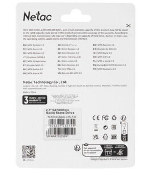 Накопитель SSD Netac SA500, 1Tb, SATA III, 2.5', R/W 530/475