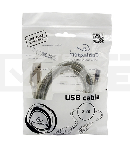 Кабель Cablexpert USB 2.0 Pro, AM/BM, 2м, экран, 2 феррит.кольца, прозрачный (CCF-USB2-AMBM-TR-2M)