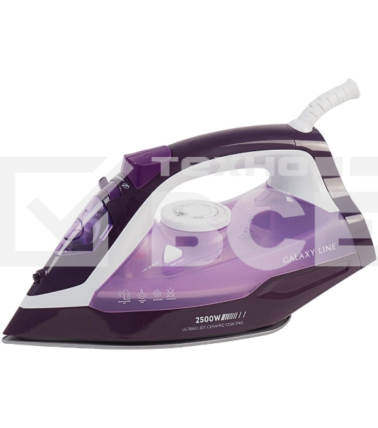 Утюг Galaxy Line GL 6124, фиолетовый с белым, паровой, 2500 Вт, постоянный пар 50 г/мин, паровой удар 230 г/мин, функции: самоочистка, антикапля, антинакипь, функция увлажнения, вертикальное отпаривание, защита от перегрева, индикатор нагрева, керамическо