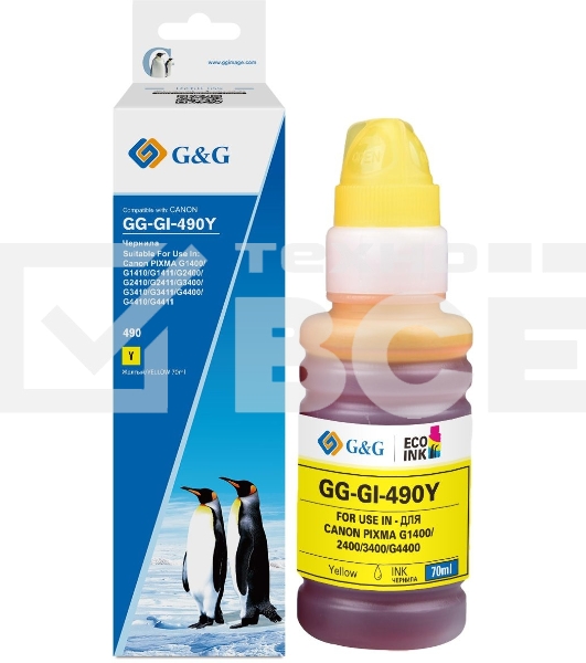 Чернила G&G GG-GI-490Y GI-490 желтый 70мл для Canon Pixma G1400/G2400/G3400/G4400