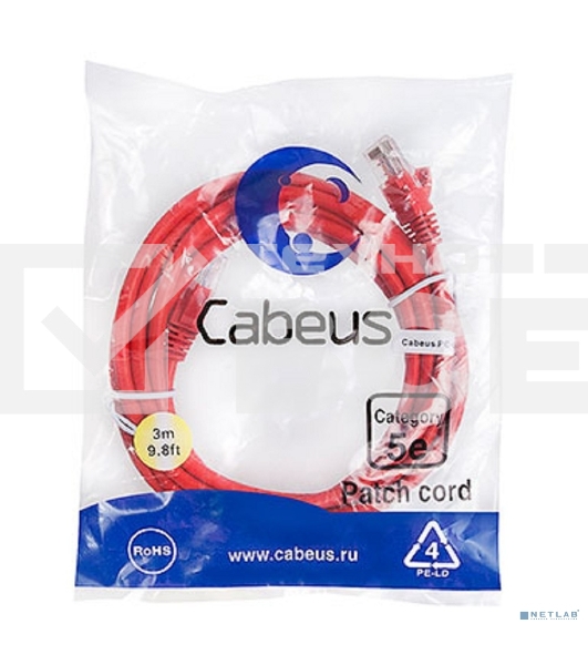 Шнур комм. Cabeus, Cat.5e, неэкр., U/UTP, RJ45/RJ45, PVC, AWG24, 3м, красный