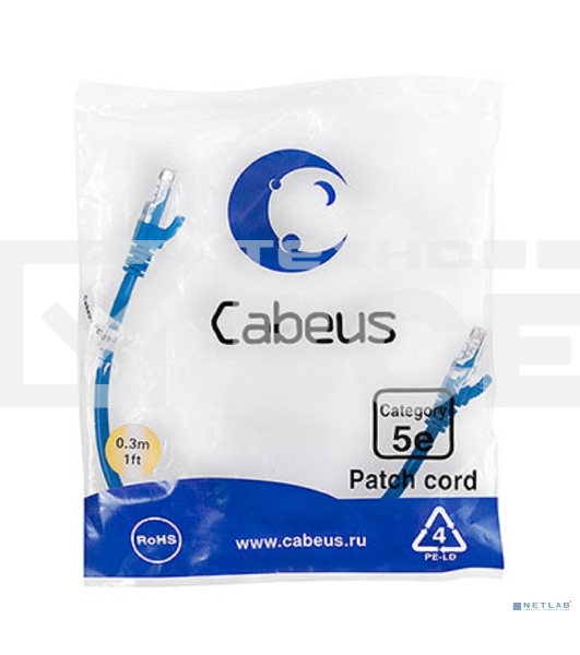 Патч-корд Cabeus, Cat.5e, неэкр., U/UTP, RJ45/RJ45, PVC, AWG24, 0.3м, синий