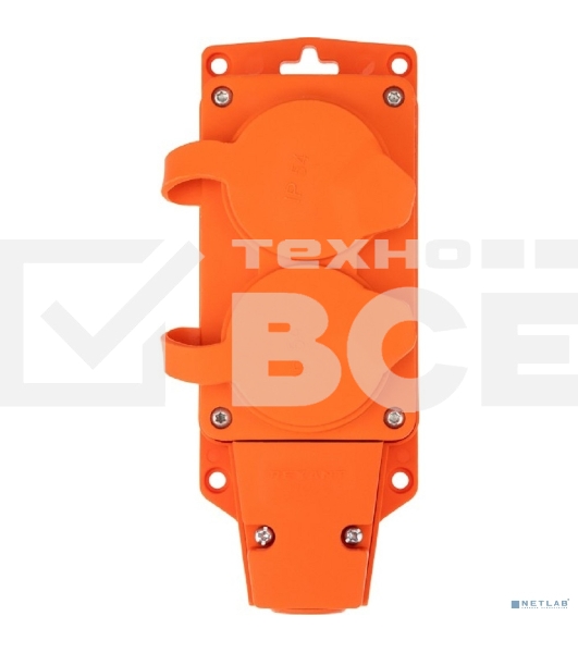 Розетка (колодка) Rexant влагозащищенная с крышкой 2 гнезда COMPACT, с/з, 16А, IP54, каучук, оранжевый