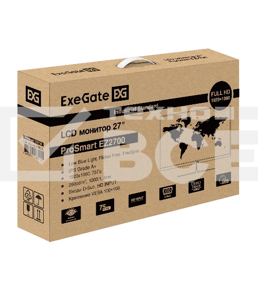 Монитор 27' ExeGate ProSmart EZ2700 IPS 1920x1080, 75 Гц, 5 мс, 16:9, 250 кд/м², VGA, HDMI 1.4, HDR10, FreeSync, черный