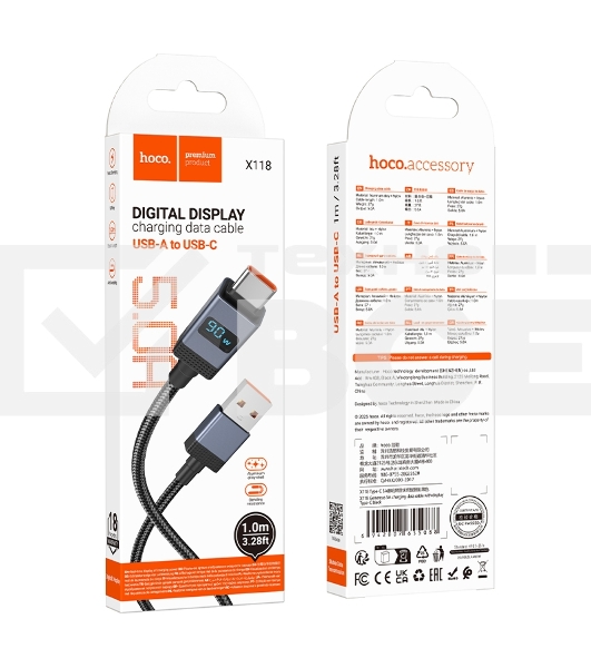 Кабель USB2.0 Hoco AM/Type-C, 5А, с дисплеем, X118, 1м, черный, коробка