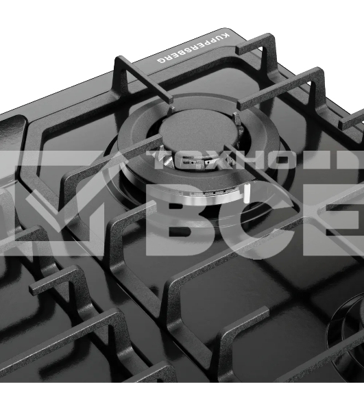 Варочная поверхность Kuppersberg FS 66 B, газ, High-Tech, 58 см, автоматический электроподжиг, газ-контроль, форсунки под сжиженый газ, SABAF конфорки, чугунные решетки, цвет черный, цвет фурнитуры черный