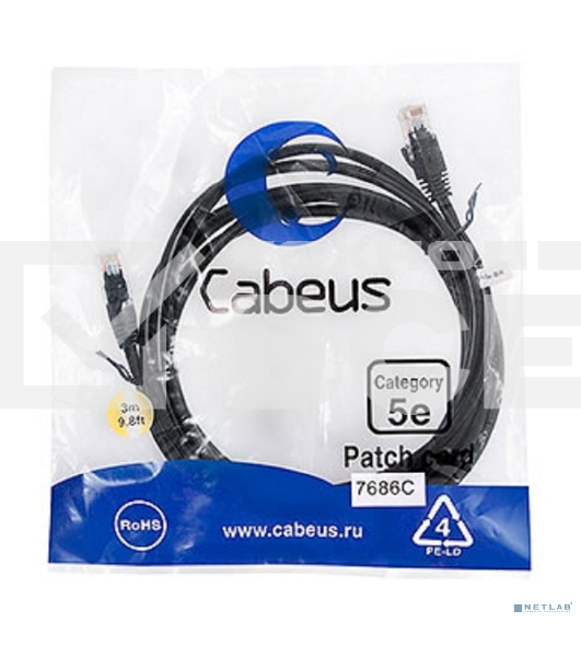Шнур комм. Cabeus, Cat.5e, неэкр., U/UTP, RJ45/RJ45, PVC, AWG24, 3м, черный