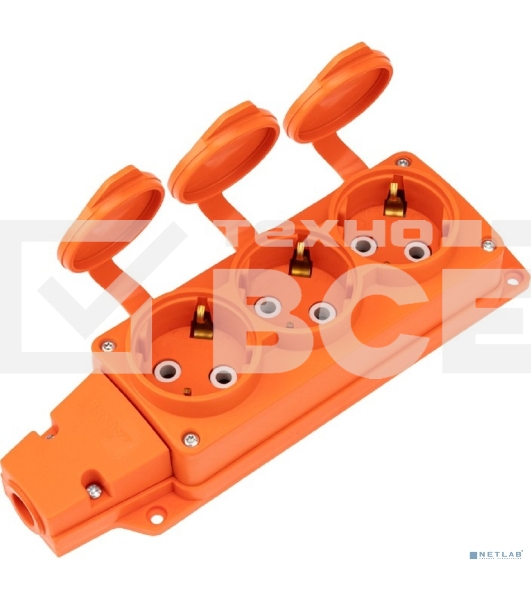 Розетка (колодка) Rexant влагозащищенная с крышкой 3 гнезда COMPACT, с/з, 16А, IP54, каучук, оранжевый