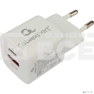Сетевое зарядное устройство Cablexpert 20Вт, 3А, QC3.0/PD, 1xUSB, 1xType-C, белый, пакет