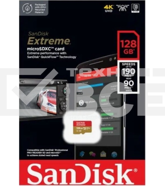 Флеш карта microSD 128GB SanDisk microSDXC Class 10 UHS-I A2 C10 V30 U3 Extreme 190MB/s