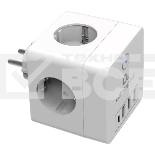 Сетевой фильтр Cablexpert Cube, CUBE-4-СU3-W, 4р, 16А, 1xType-C PD, 3хUSB, ур.защиты 2+, белый, коробка